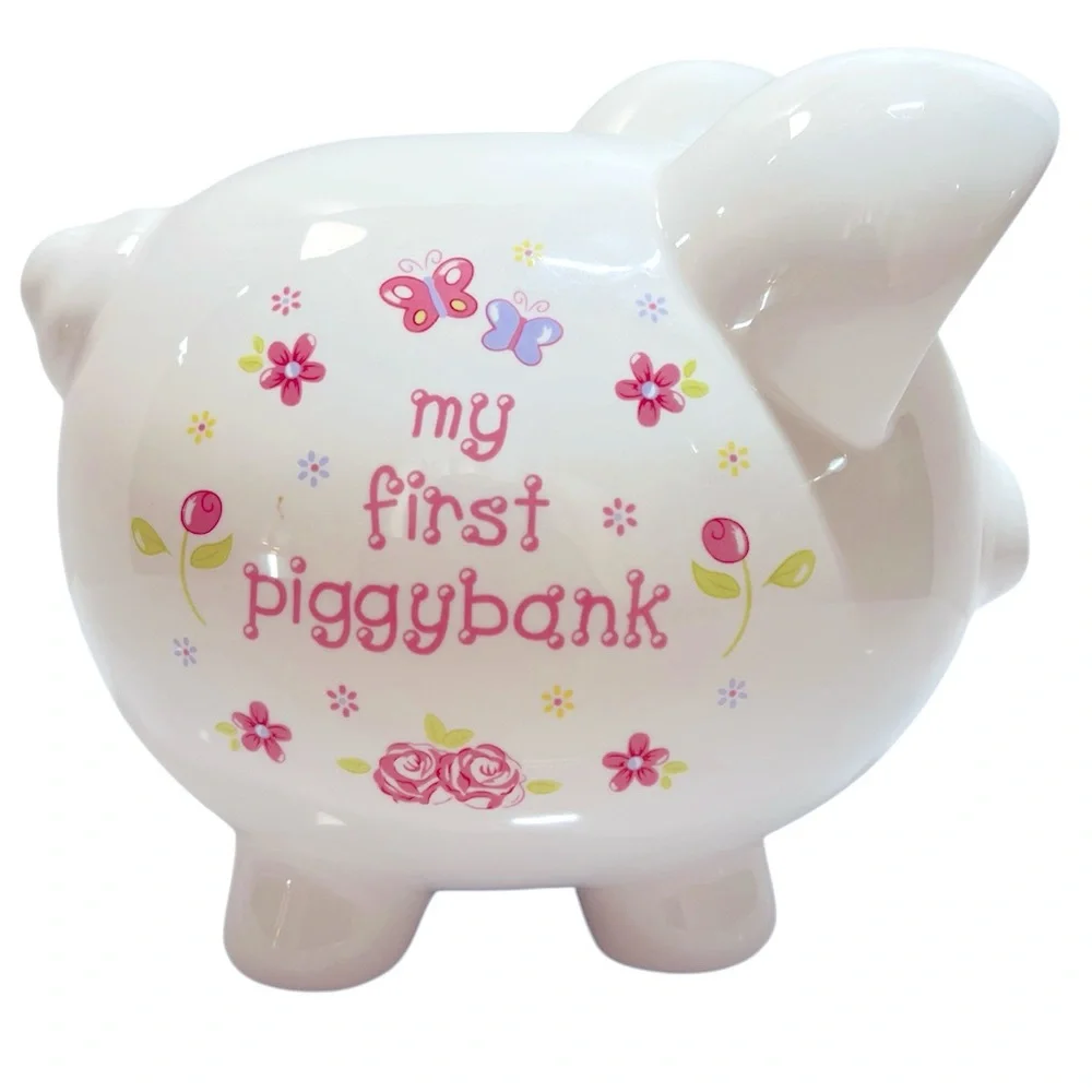 White Ceramic Piggy Bank with Pink and Purple Floral and Butterfly Designs.